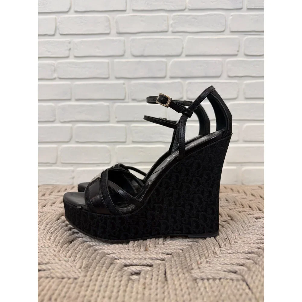 Vintage Christian Dior Diorissimo Trotter Monogram Platform Wedge Sandals Black